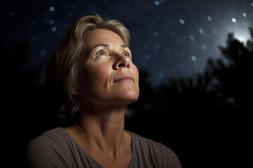 Portrait of a mature woman looking up at the night sky.
