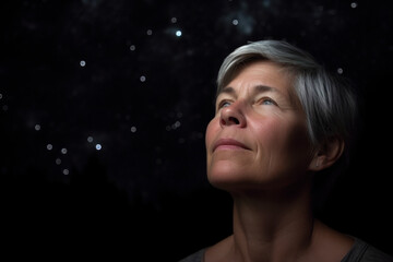 Medium shot portrait photography of a woman in her 50s practicing mindfulness sophrology relaxation & stress-reduction wearing a casual t-shirt against a meteor shower or night sky background