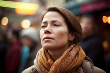 Obraz premium Portrait of a sad woman in a city street, low angle view