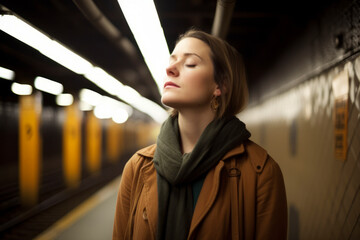 Young woman in a subway station waiting for the train to arrive.