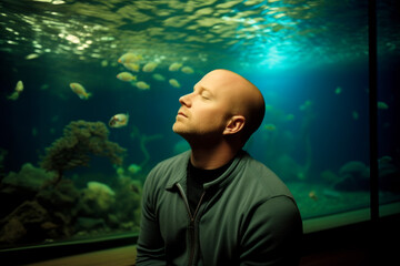 Portrait of a young man looking at the fish in the aquarium