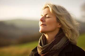 Fototapeta premium Portrait of a beautiful woman with closed eyes in the countryside.