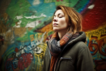 Young beautiful girl with red hair in a coat near the graffiti wall