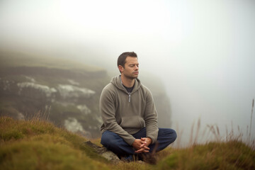 Naklejka na ściany i meble Handsome young man sitting on top of a mountain in the fog