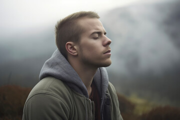 Handsome young man in the mountains on a foggy day