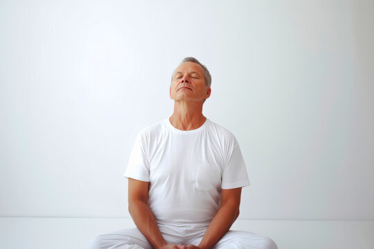 Portrait of a senior man meditating against white wall background.