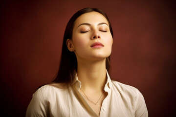 Portrait of a beautiful young woman with closed eyes on brown background