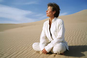 Fototapeta na wymiar Young woman in white suit sitting on the sand dunes in the desert