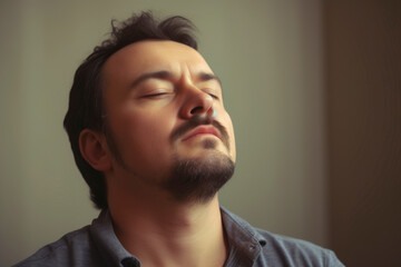 Fototapeta premium Portrait of a young asian man with eyes closed and thinking