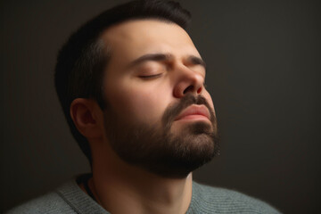 Obraz premium Handsome young man with beard on dark background, closeup