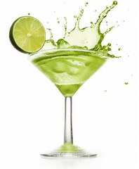 Fototapeta na wymiar lime falling into a margarita cocktail splashing isolated on white