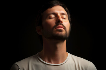 Obraz premium Portrait of a young man with closed eyes, isolated on black background