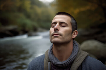 Portrait of a young man on a background of a mountain river