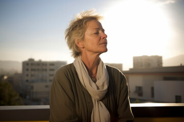 Fototapeta premium Portrait of mature woman standing on balcony at sunset, looking away