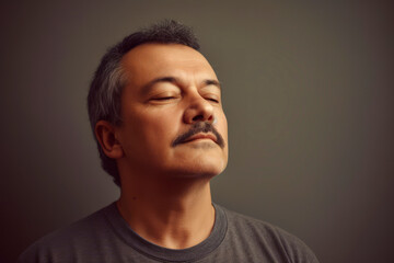 Portrait of a Asian man with closed eyes on a dark background