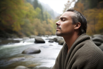 Portrait of a man in a knitted sweater on the background of a mountain river