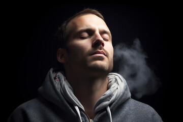 Young man in hoodie smoking cigarette on dark background. Studio shot.