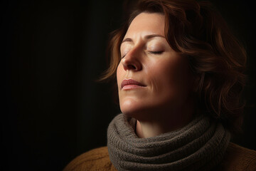 Fototapeta premium Portrait of a beautiful middle-aged woman with closed eyes.