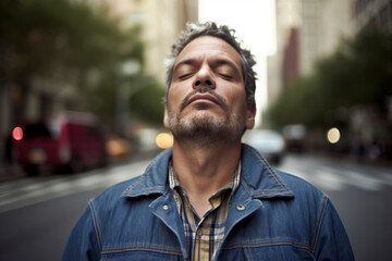 Obraz premium Portrait of a man with eyes closed in a city street.
