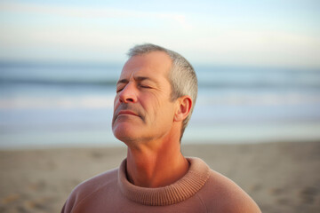 Handsome middle-aged man relaxing on the beach at sunset