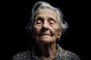 Portrait of an elderly woman on a black background. Studio shot.