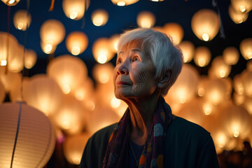 Fototapeta na wymiar Medium shot portrait photography of a woman in her 70s practicing mindfulness sophrology relaxation & stress-reduction wearing a chic cardigan in a floating lanterns or light festival