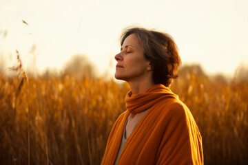Group portrait photography of a woman in her 50s practicing mindfulness sophrology relaxation & stress-reduction wearing a cozy sweater against a cotton field or plantation background