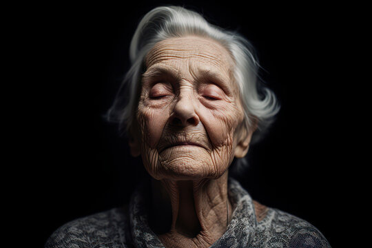 Portrait of an elderly woman on a black background. Studio shot.