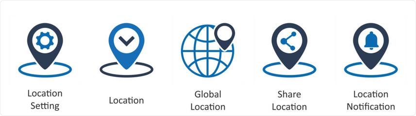 A set of 5 Business icons as location setting, location, global location