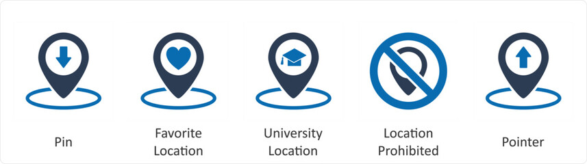 A set of 5 Business icons as pin, favorite location, university location