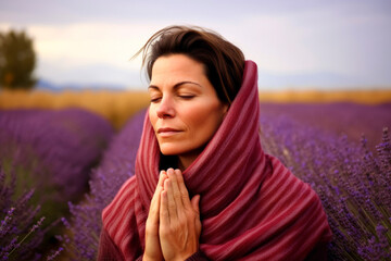 Young woman praying in lavender field with closed eyes and closed eyes