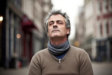 Naklejka premium Portrait of a handsome middle-aged man with grey hair in the city.