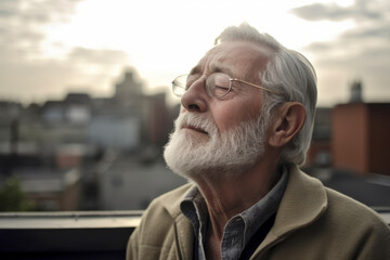 Portrait of senior man with eyeglasses against view of the city