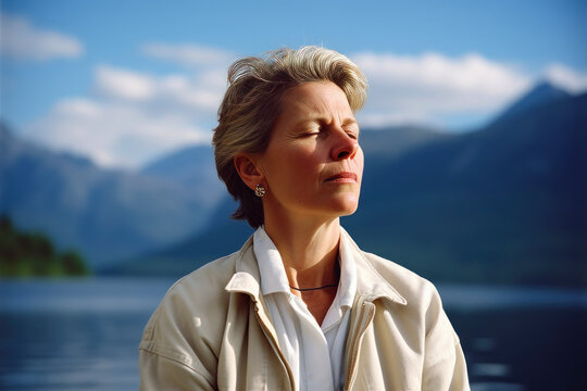 Portrait of a beautiful middle-aged woman with short hair in a white jacket on the background of a mountain lake