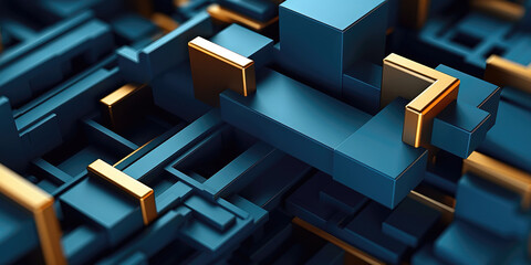 Abstract 3d rendering of blue and golden cubes. Technology background
