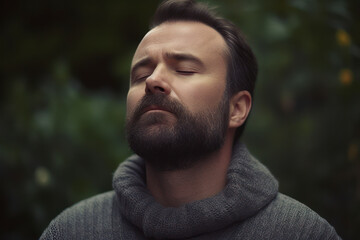 Fototapeta premium Portrait of a handsome bearded man in a gray sweater and scarf.