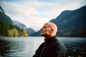 Fototapeta premium Portrait of a bald man on a background of lake and mountains