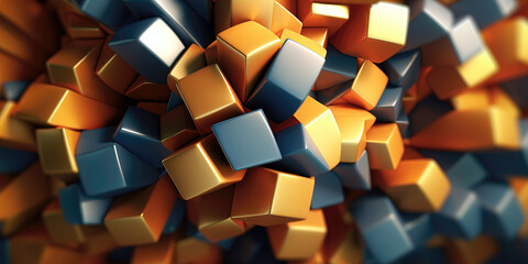 Abstract 3d rendering of chaotic geometric shapes. Colorful background with cubes