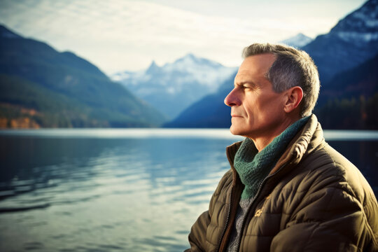 Handsome mature man on the background of a mountain lake.
