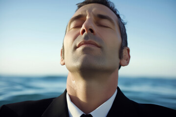 Portrait of a young businessman relaxing on the beach by the sea