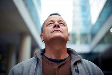Portrait of a young Asian man in the city, looking up