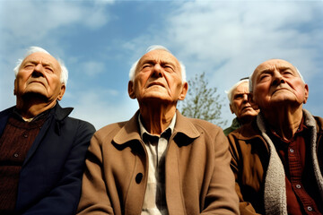 Group of elderly people in the park on a background of blue sky