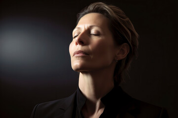 Portrait of a beautiful business woman with closed eyes on dark background
