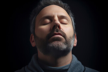 Obraz premium Medium shot portrait photography of a man in his 40s practicing mindfulness sophrology relaxation & stress-reduction wearing a cozy sweater against an abstract background