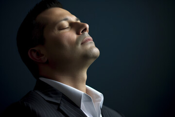 Businessman sleeping on a dark background with eyes closed, side view