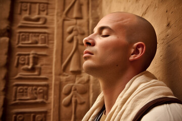 Medium shot portrait photography of a man in his 30s practicing mindfulness sophrology relaxation & stress-reduction wearing a cozy sweater against an ancient egyptian or hieroglyphics background