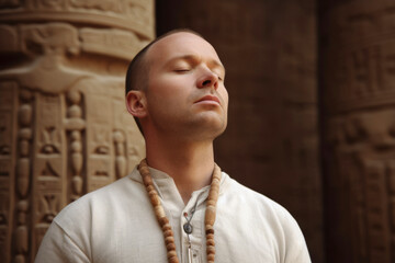 Medium shot portrait photography of a man in his 30s practicing mindfulness sophrology relaxation & stress-reduction wearing a cozy sweater against an ancient egyptian or hieroglyphics background