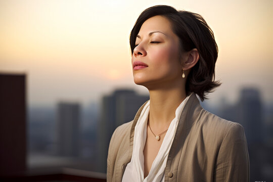 business, people and office concept - businesswoman with closed eyes over city background