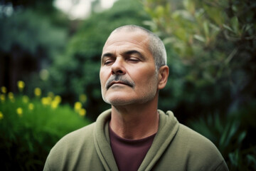 Portrait of thoughtful mature man looking away while standing in the garden