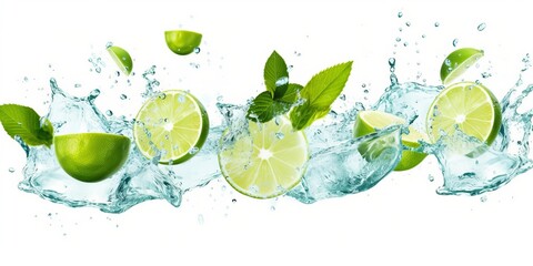 Fototapeta na wymiar water splash with mint leaves, slices of lime and ice cubes isolated on white background